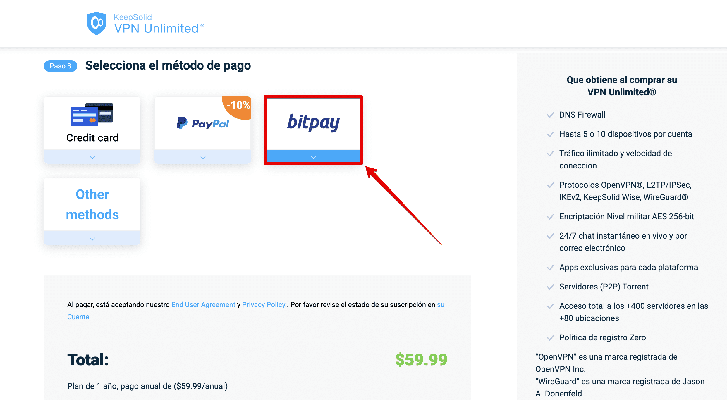 In a payment method section, choose bitpay to buy a VPN subscription.