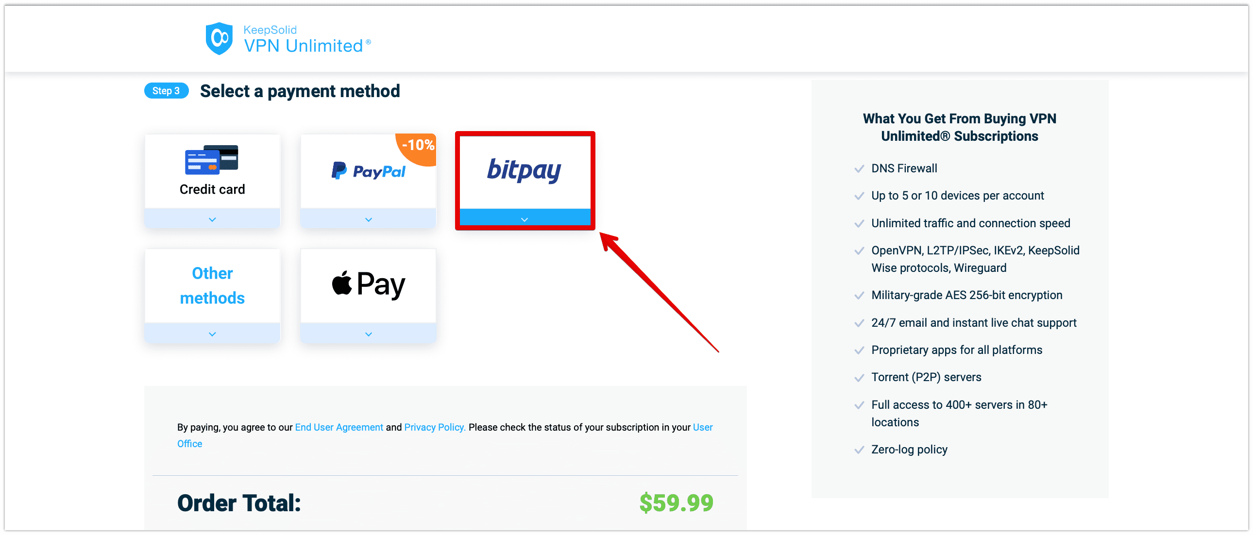 4. In a payment method section, choose bitpay to buy a VPN subscription.