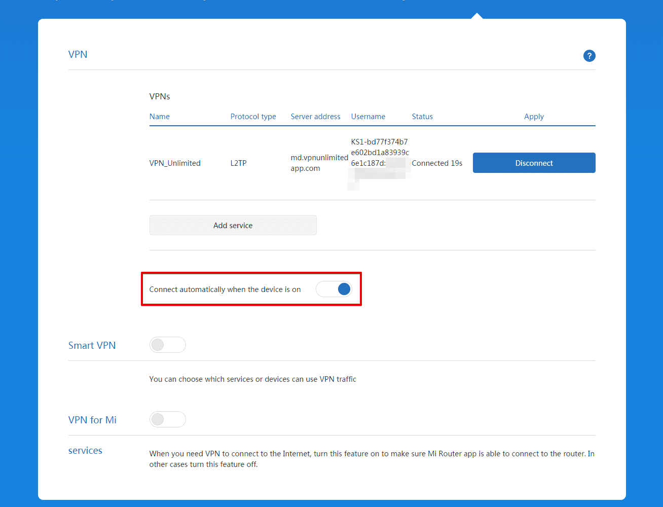 VPN setup on Xiaomi router - connect automatically when the device is on