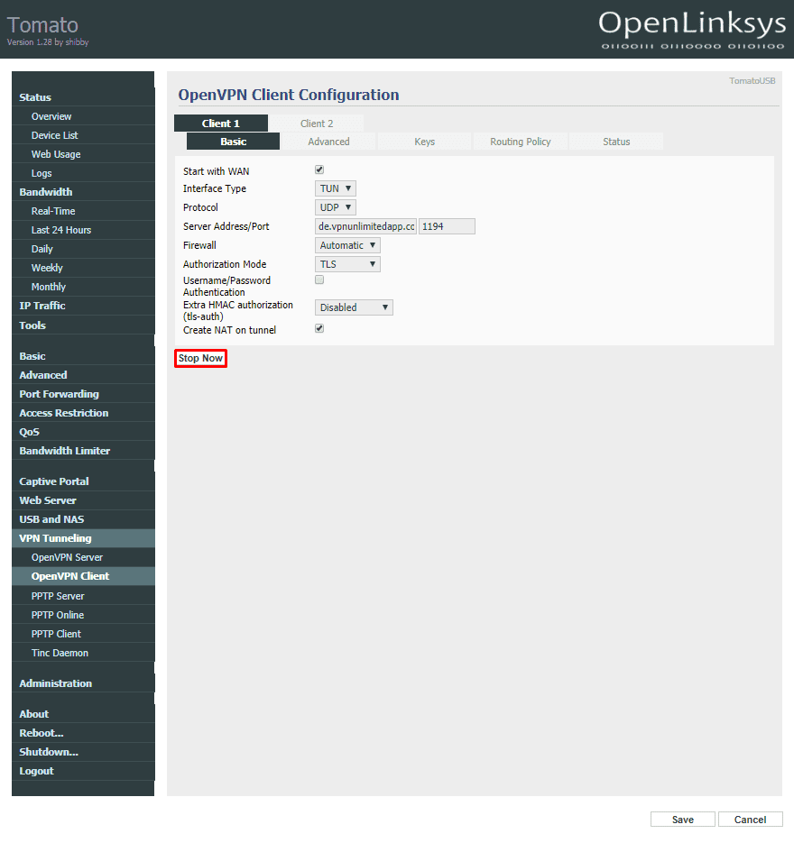 VPN on Asus Tomato router - screenshot showing how to disconnect from a VPN server