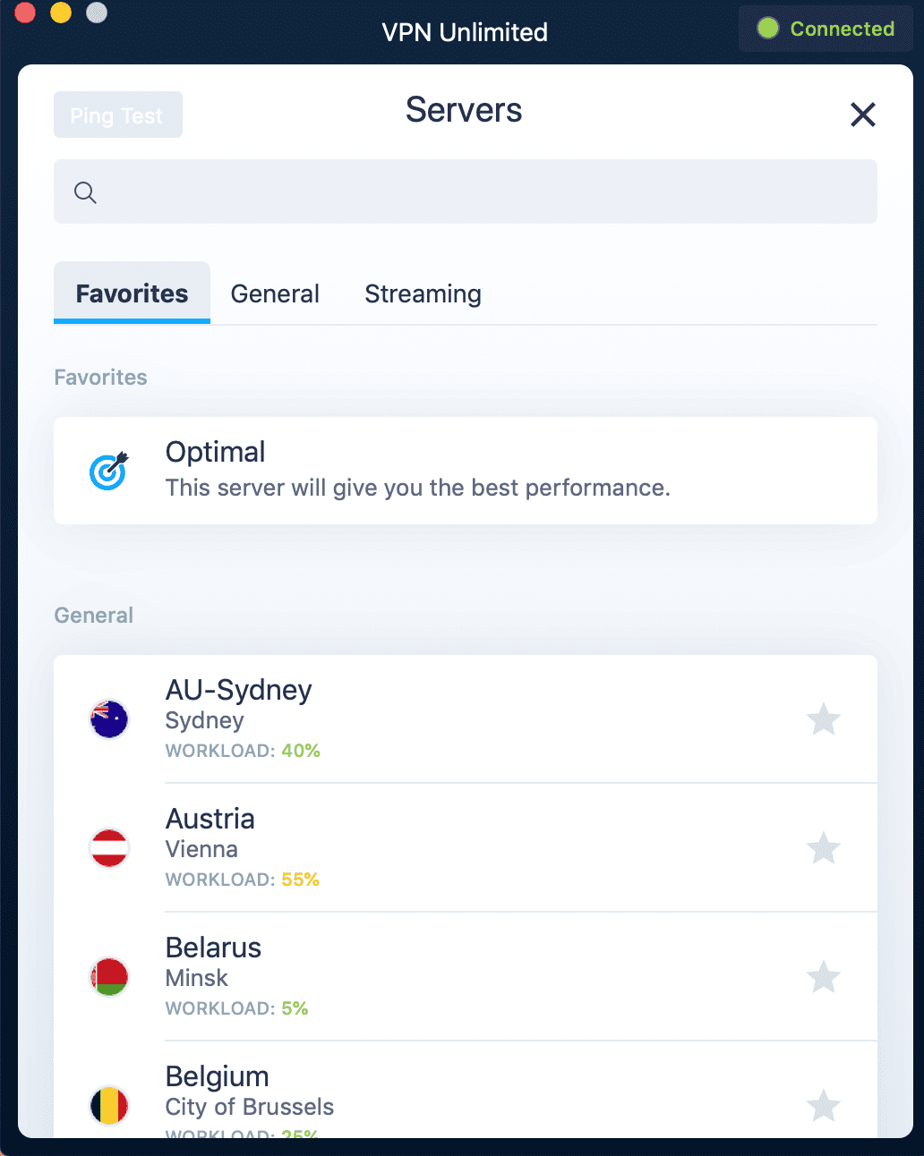 KeepSolid VPN Unlimited servers screen - VPN for Mac