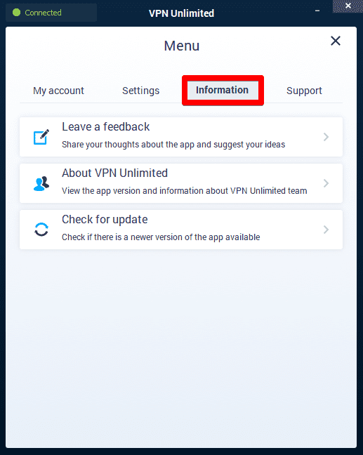 Info tab on VPN unlimited app on your Windows PC