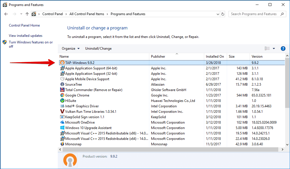 Removal of the VPN Unlimited application on my PC with Windows 10 - uninstall TAP-adapter